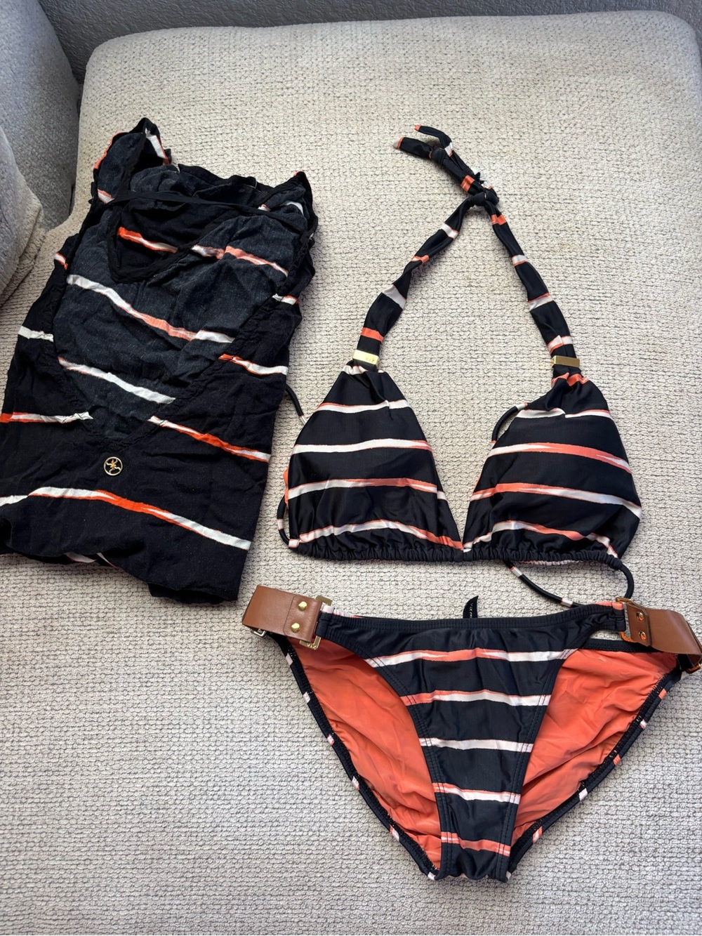 Striped Black and Coral Vix Bikini Swim Set with Cover Up